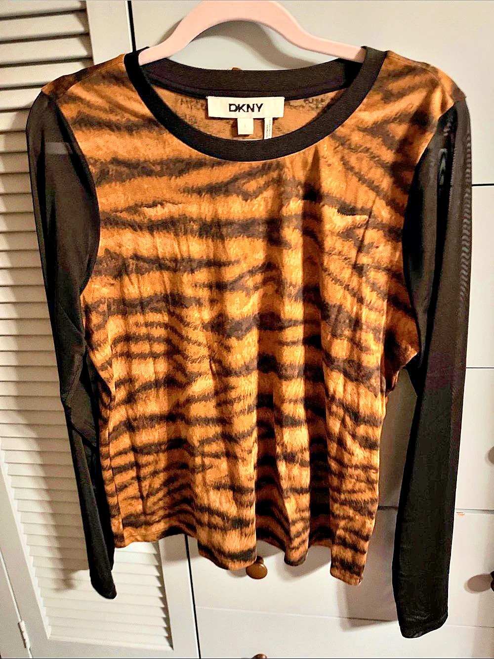 DKNY Printed Mesh Ruched Long-Sleeve Top Brown & Black Large